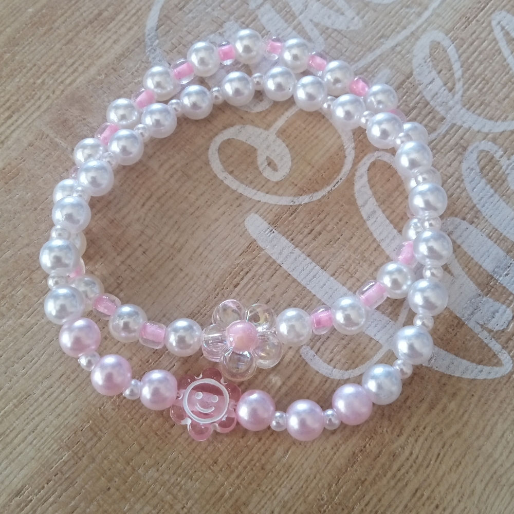 Pink and White Beaded Bracelet Set